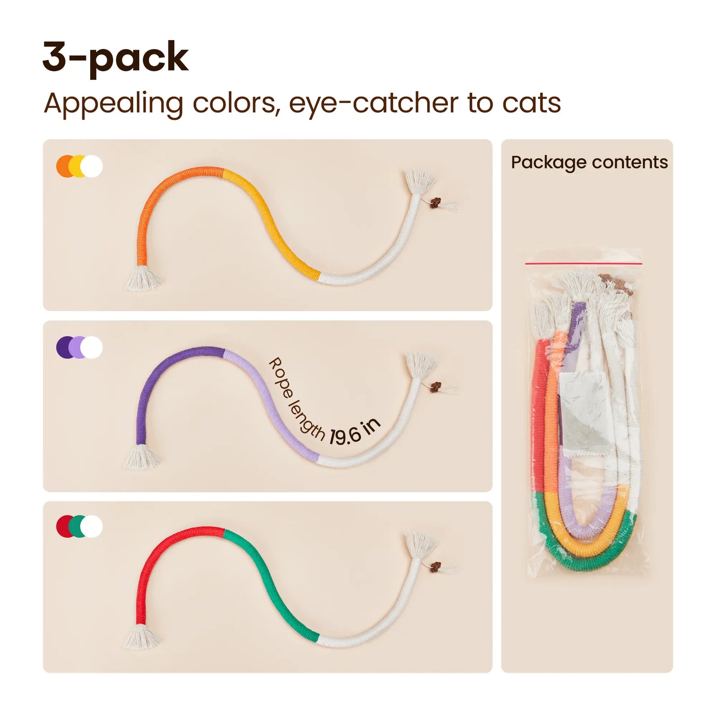 Potaroma 3-Pack Cat Chew Ropes - Dental Care Toys for Indoor Kittens, Promotes Oral Health and Encourages Exercise