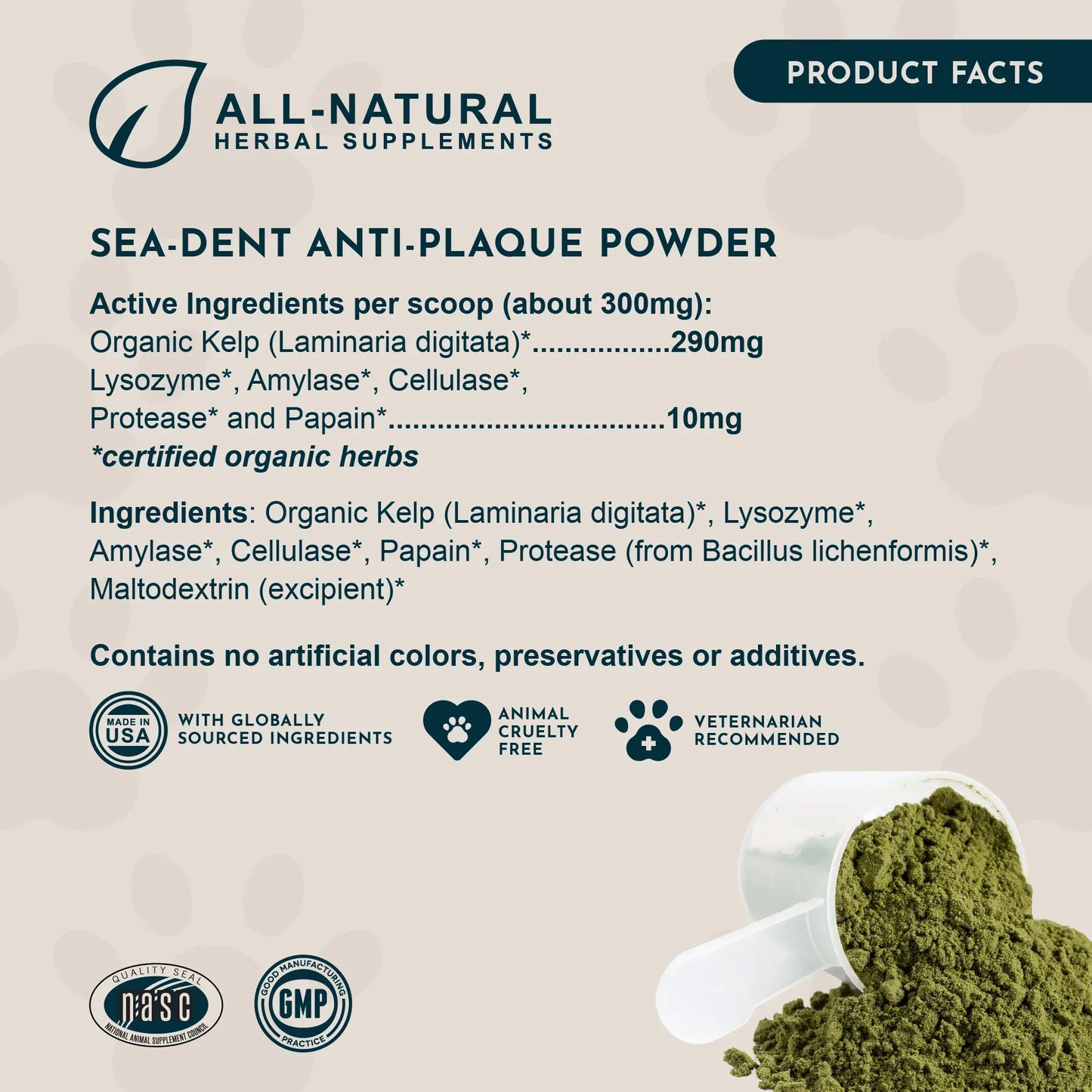 Sea-Dent Anti-Plaque Dental Powder for Dogs and Cats - Organic Kelp and Plant Enzymes for Oral Health Support