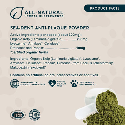 Sea-Dent Anti-Plaque Dental Powder for Dogs and Cats - Organic Kelp and Plant Enzymes for Oral Health Support