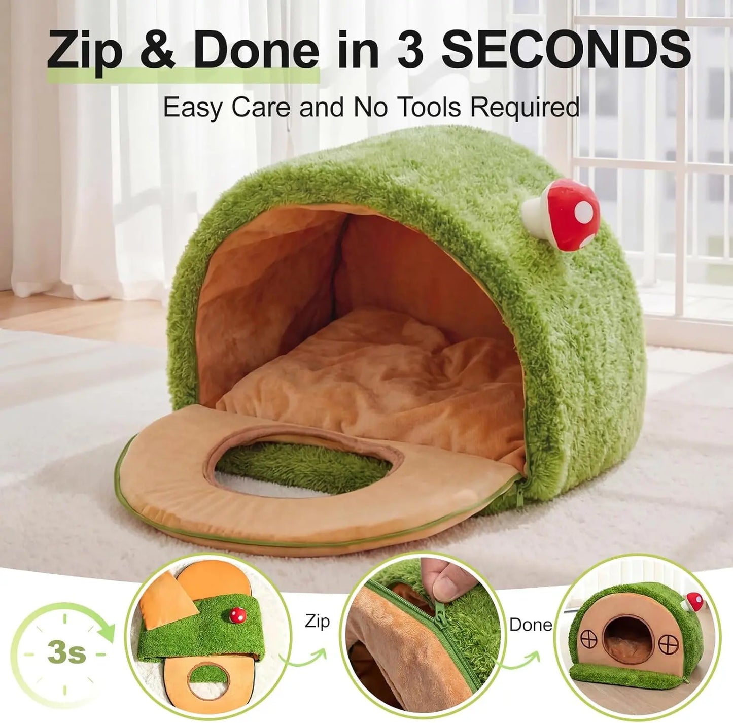 Crystal Velvet Enclosed Cat Bed with Removable Washable Cushion and Anti-Slip Base for Indoor Use