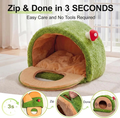 Crystal Velvet Enclosed Cat Bed with Removable Washable Cushion and Anti-Slip Base for Indoor Use