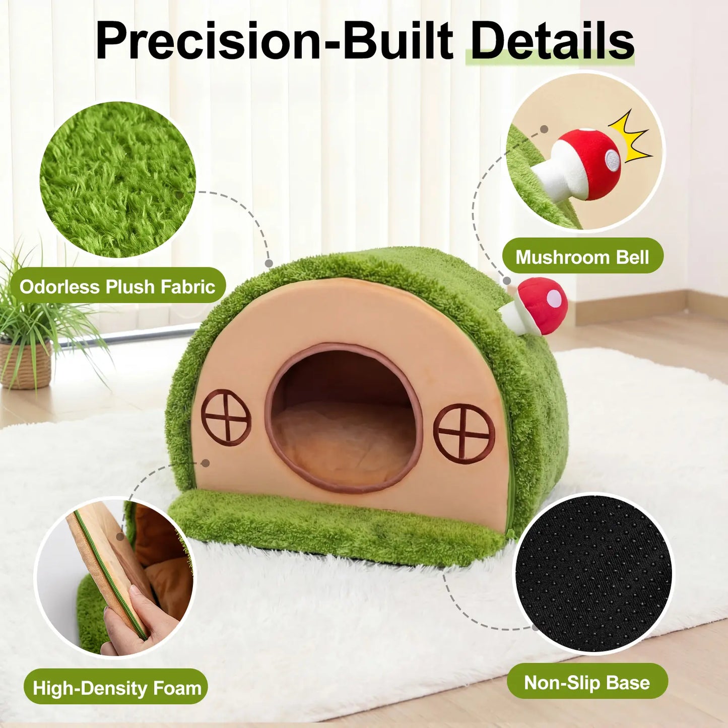 Crystal Velvet Enclosed Cat Bed with Removable Washable Cushion and Anti-Slip Base for Indoor Use