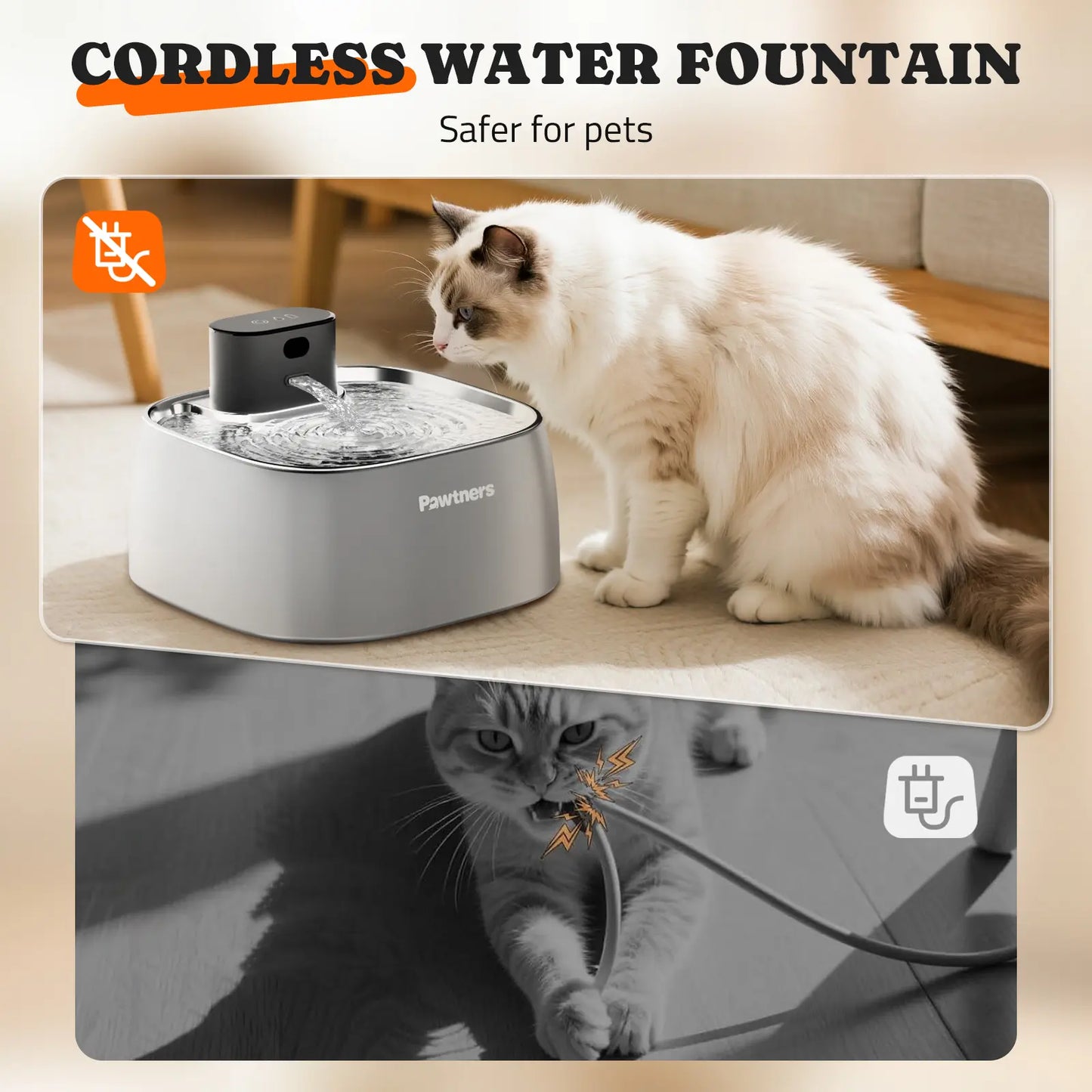 Pawtners Automatic Wireless Pet Water Fountain - 108Oz/3.2L Leakproof Stainless Steel Dispenser for Cats and Dogs, Battery Powered with Motion Sensor and Smart Indicator Light, Easy to Clean