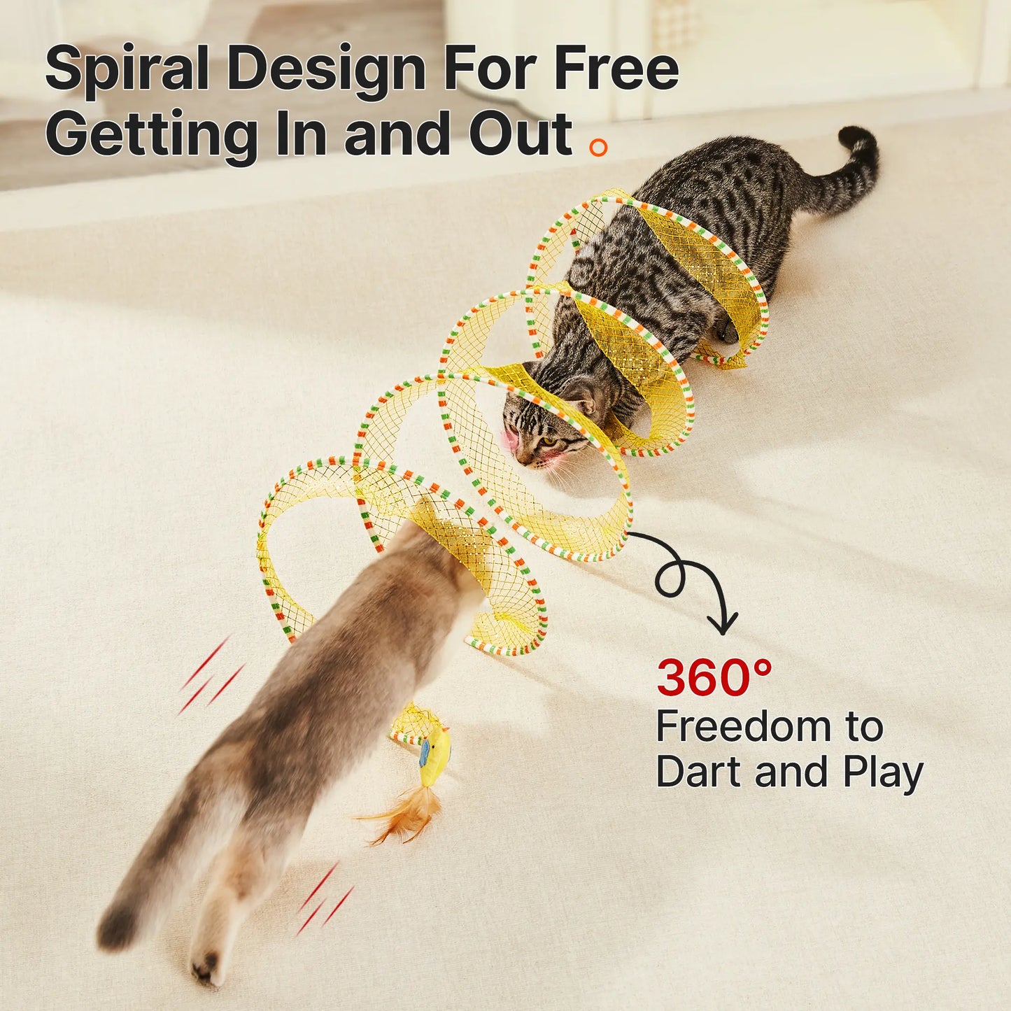 Potaroma Premium Collapsible Spiral Cat Tunnel Toy - 20-Inch Spring Play Tunnel with Feather, Bell, and Mesh Fabric for Indoor/Outdoor Cat Entertainment