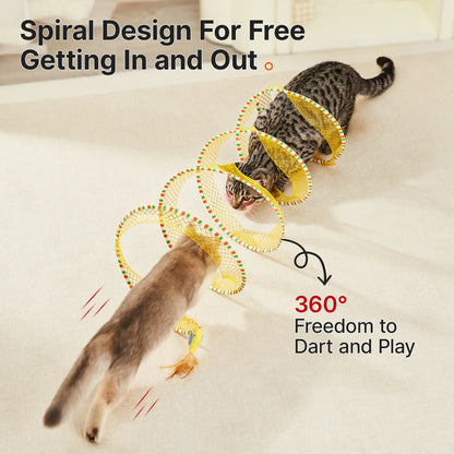 Potaroma Premium Collapsible Spiral Cat Tunnel Toy - 20-Inch Spring Play Tunnel with Feather, Bell, and Mesh Fabric for Indoor/Outdoor Cat Entertainment