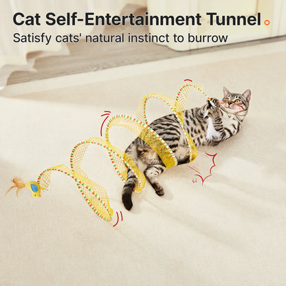 Potaroma Premium Collapsible Spiral Cat Tunnel Toy - 20-Inch Spring Play Tunnel with Feather, Bell, and Mesh Fabric for Indoor/Outdoor Cat Entertainment