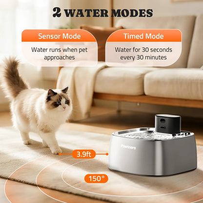 Pawtners Automatic Wireless Pet Water Fountain - 108Oz/3.2L Leakproof Stainless Steel Dispenser for Cats and Dogs, Battery Powered with Motion Sensor and Smart Indicator Light, Easy to Clean