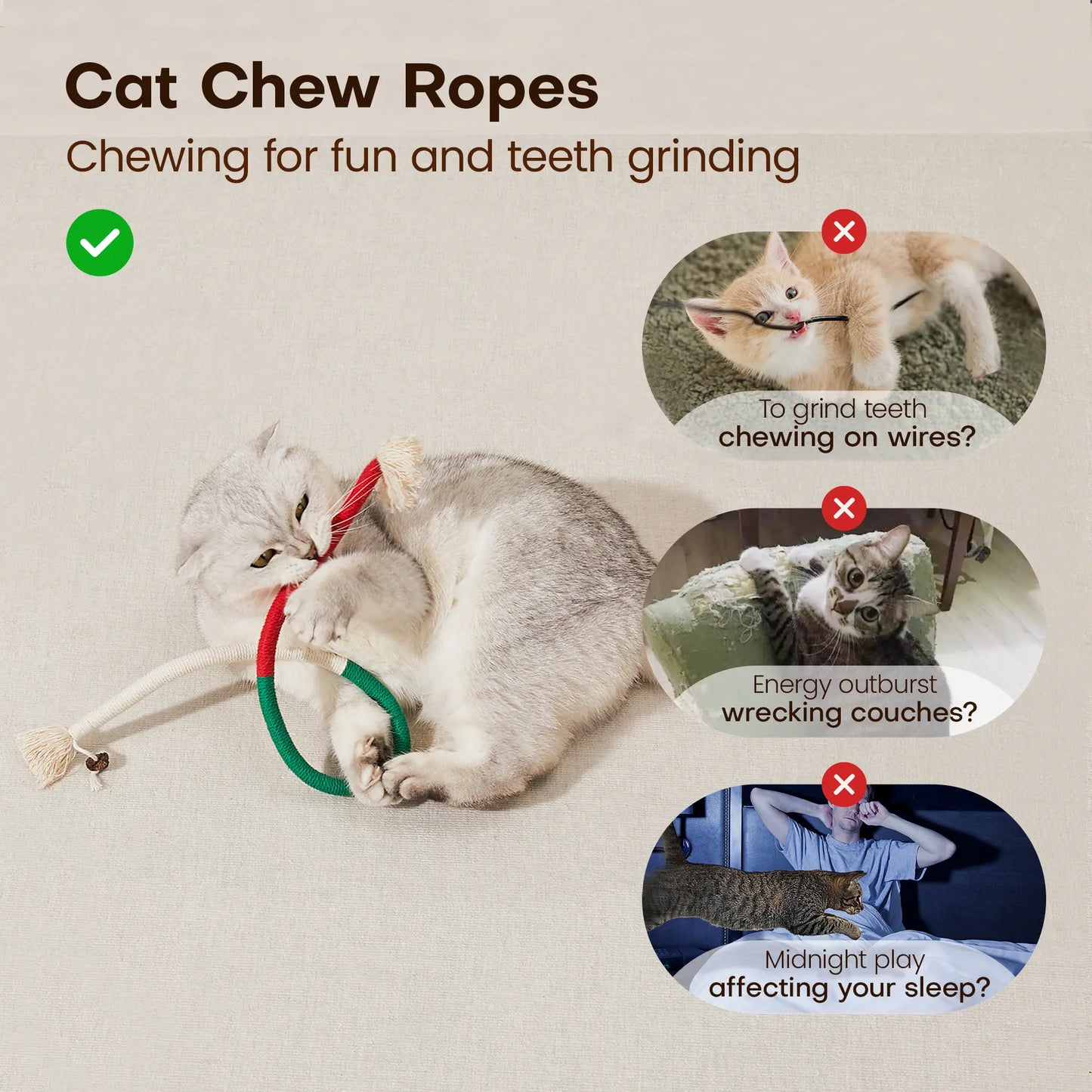 Potaroma 3-Pack Cat Chew Ropes - Dental Care Toys for Indoor Kittens, Promotes Oral Health and Encourages Exercise