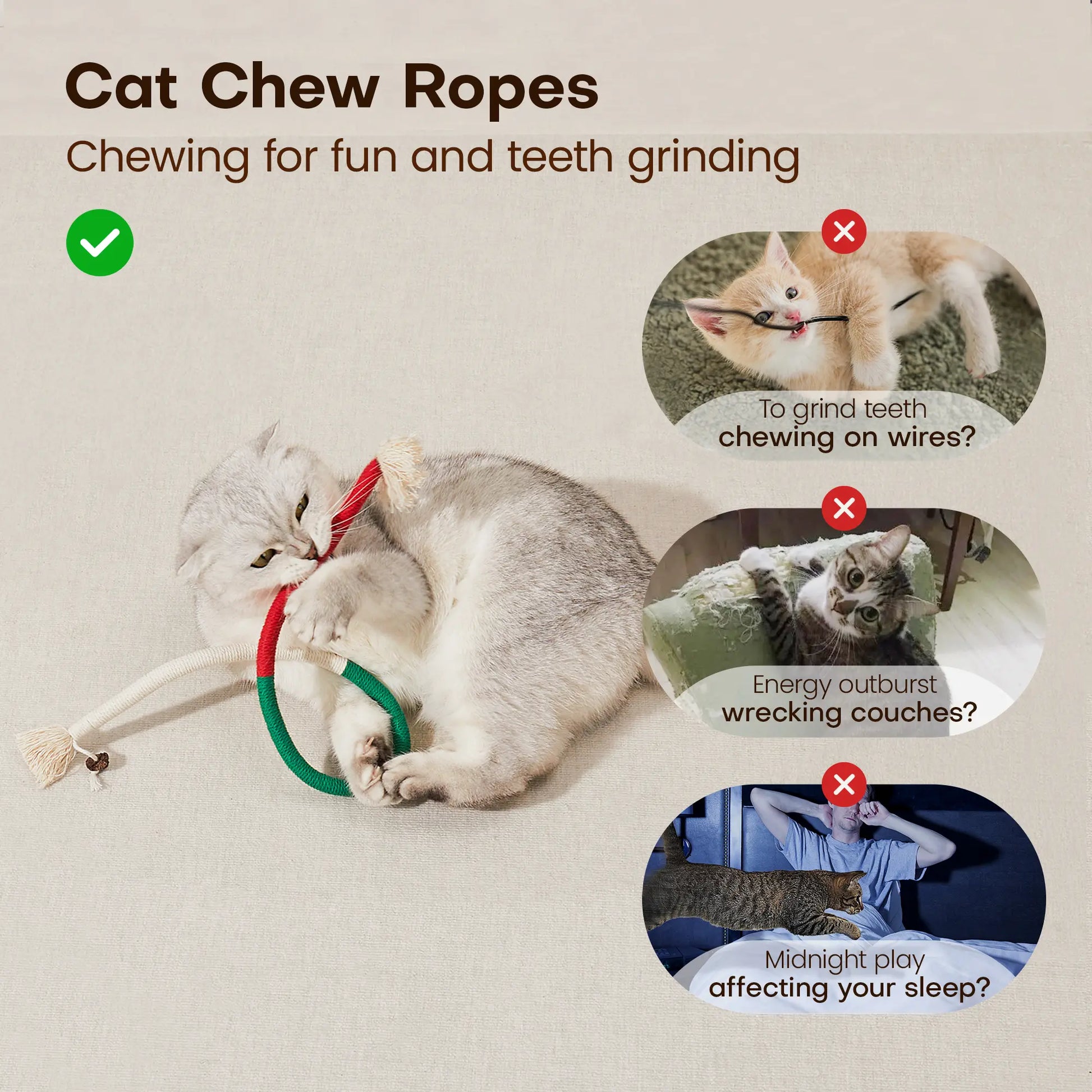 Potaroma 3-Pack Cat Chew Ropes - Dental Care Toys for Indoor Kittens, Promotes Oral Health and Encourages Exercise