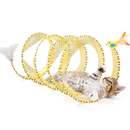 Potaroma Premium Collapsible Spiral Cat Tunnel Toy - 20-Inch Spring Play Tunnel with Feather, Bell, and Mesh Fabric for Indoor/Outdoor Cat Entertainment