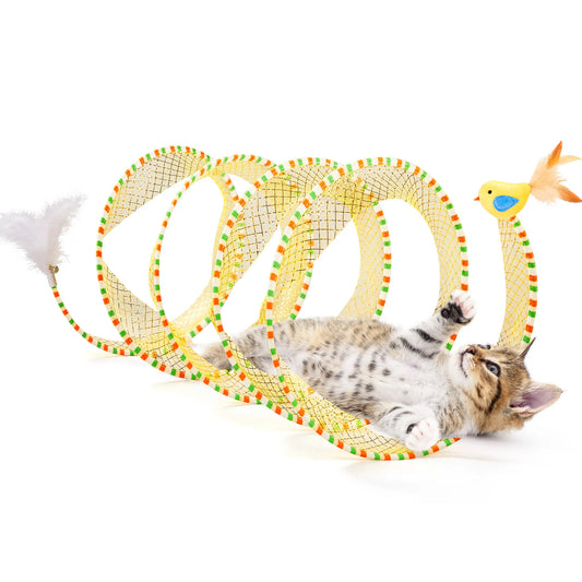 Potaroma Premium Collapsible Spiral Cat Tunnel Toy - 20-Inch Spring Play Tunnel with Feather, Bell, and Mesh Fabric for Indoor/Outdoor Cat Entertainment