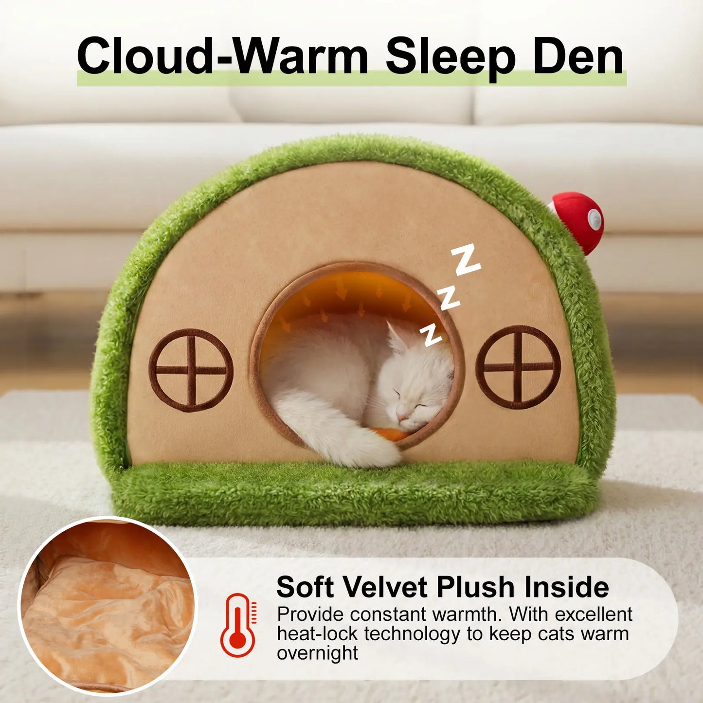 Crystal Velvet Enclosed Cat Bed with Removable Washable Cushion and Anti-Slip Base for Indoor Use
