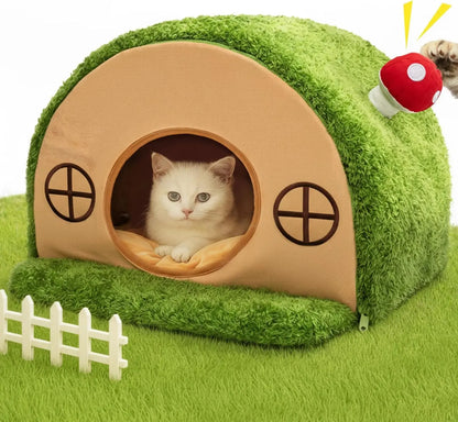 Crystal Velvet Enclosed Cat Bed with Removable Washable Cushion and Anti-Slip Base for Indoor Use